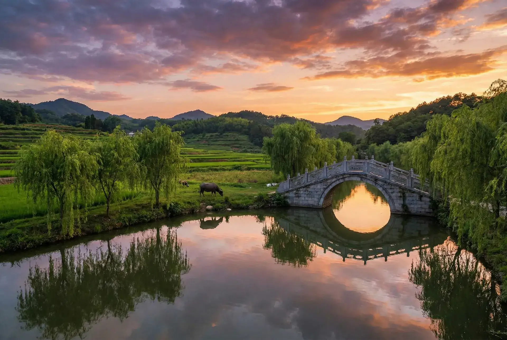 夕阳下的石拱桥与垂柳，水牛在河边吃草 - 成人影视 乡村美景